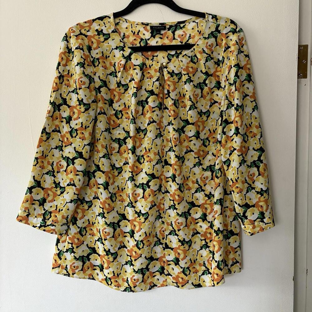 Talbots Blouse Women's Size 10 Yellow Floral Keyhole Front 3/4 Sleeve Career Top